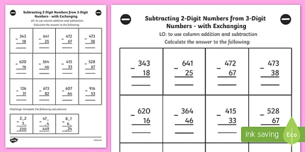 Subtracting 2 Digit And 3 Digit Numbers Column Exchanging Y3