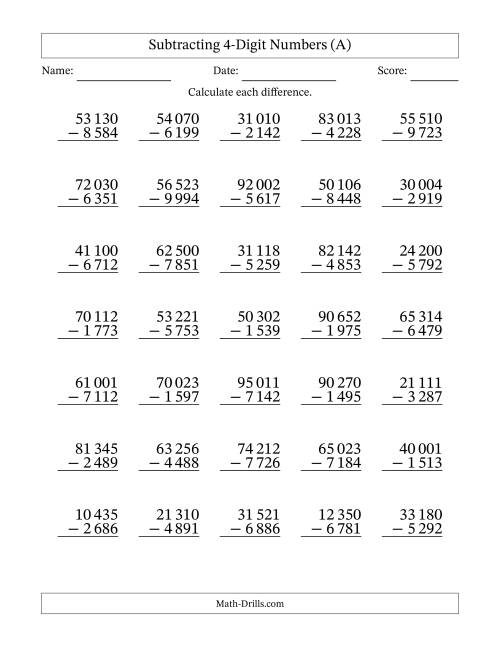 Subtracting 4 Digit Numbers With All Regrouping With Space Separated 