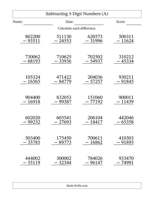 Subtracting 5 Digit Numbers With All Regrouping A 