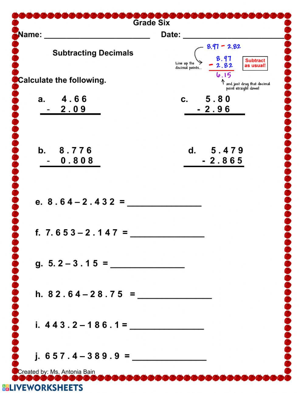 Subtracting Decimals Worksheet