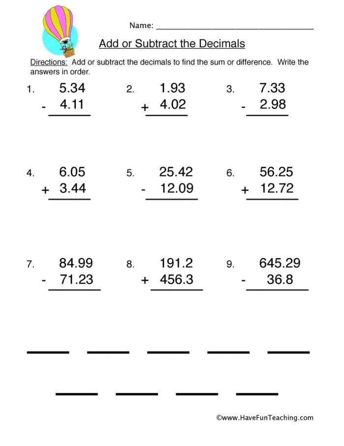 Subtracting Decimals Worksheets 99Worksheets