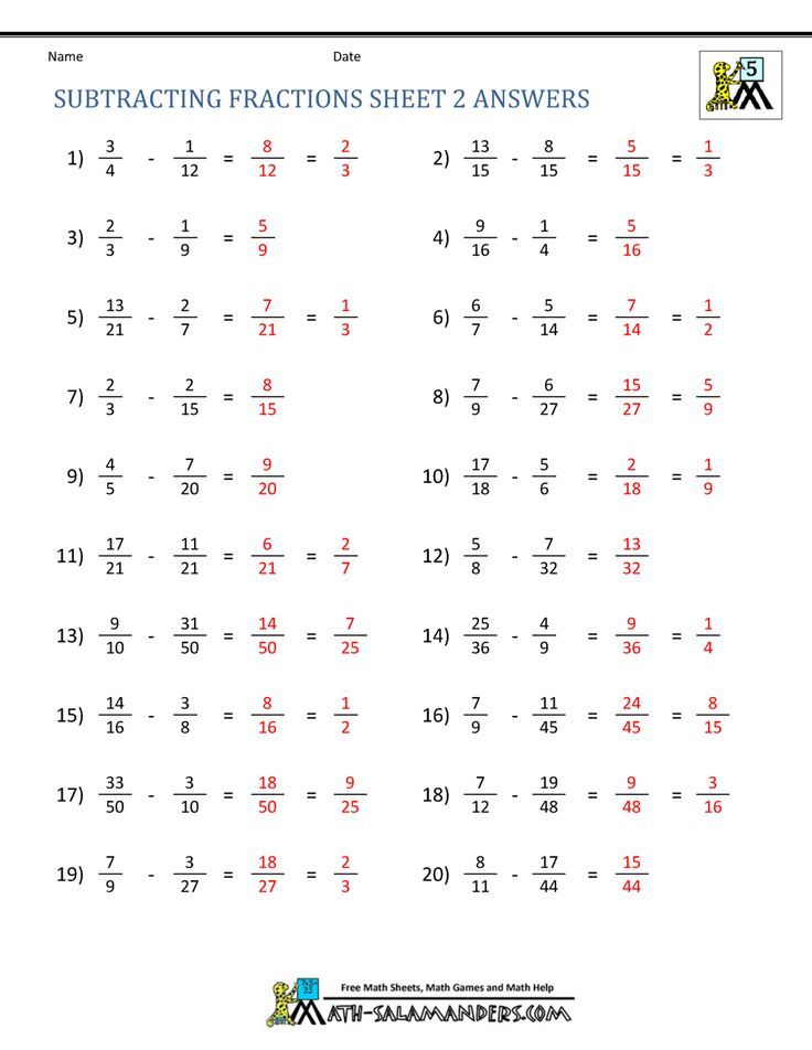 Subtracting Fractions Sheet 2 Answers Subtracting Fractions