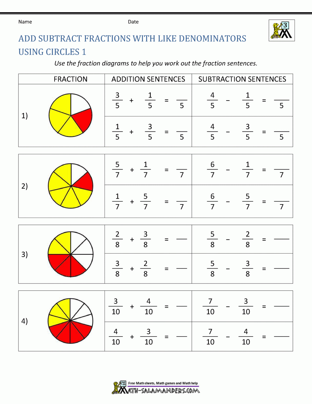 Subtracting Fractions With Unlike Denominators Worksheet Add 