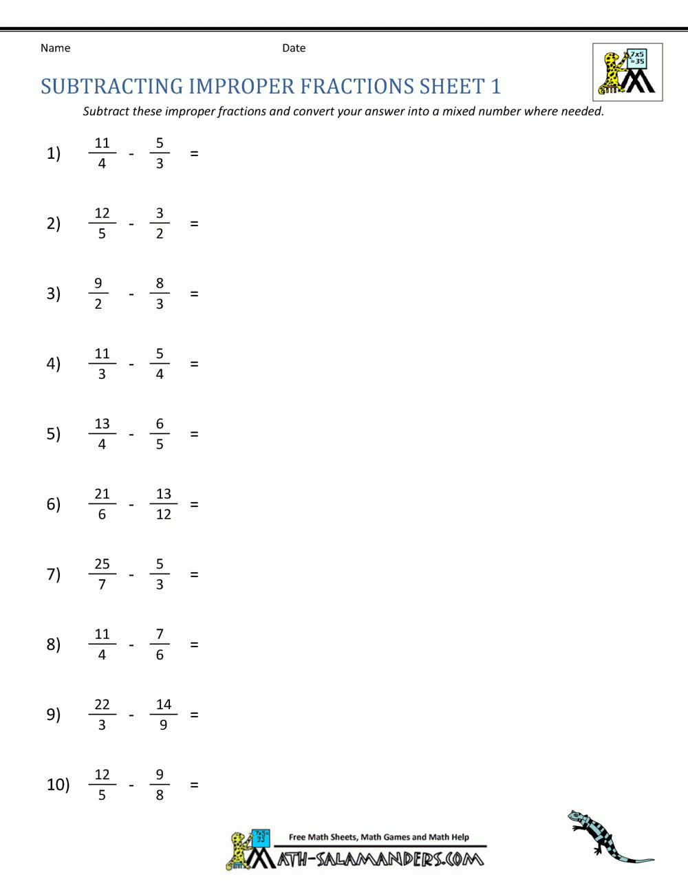 Subtracting Fractions Worksheets