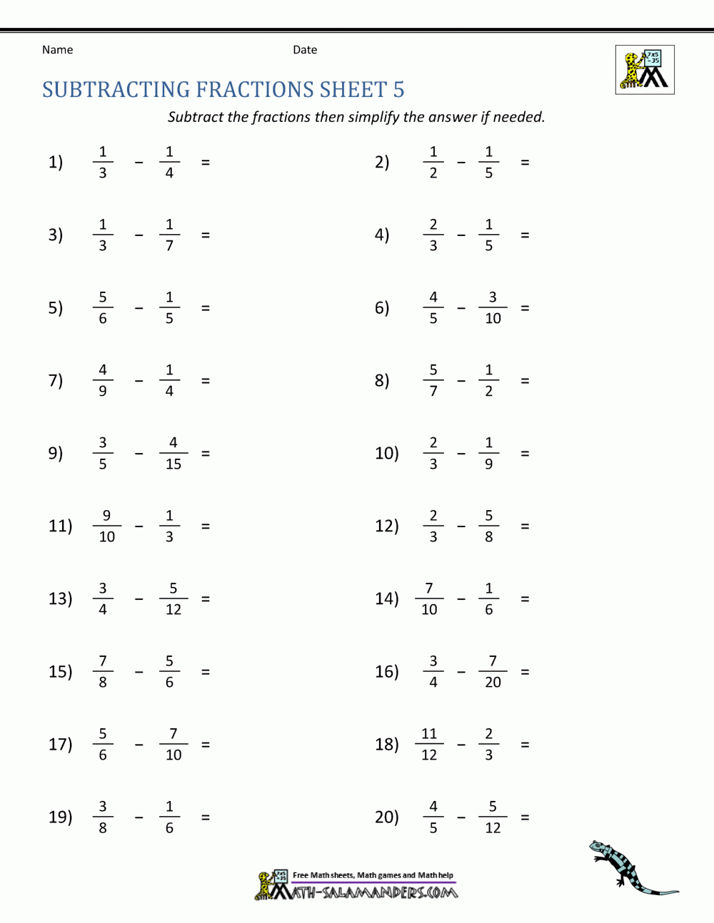 Subtracting Fractions Worksheets