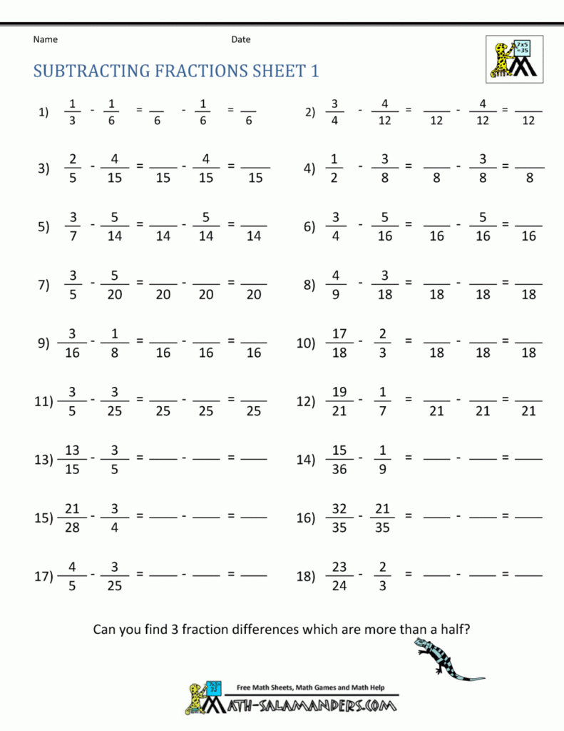 Subtracting Fractions Worksheets