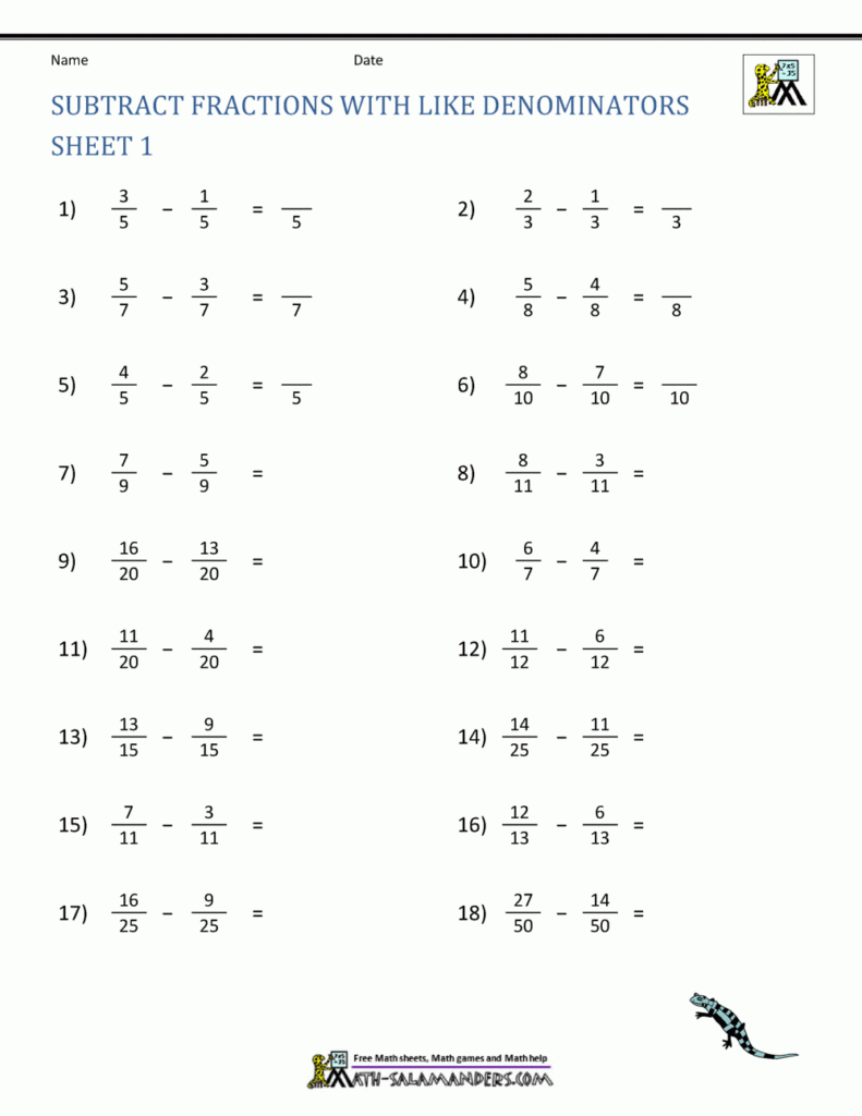 Subtracting Fractions Worksheets