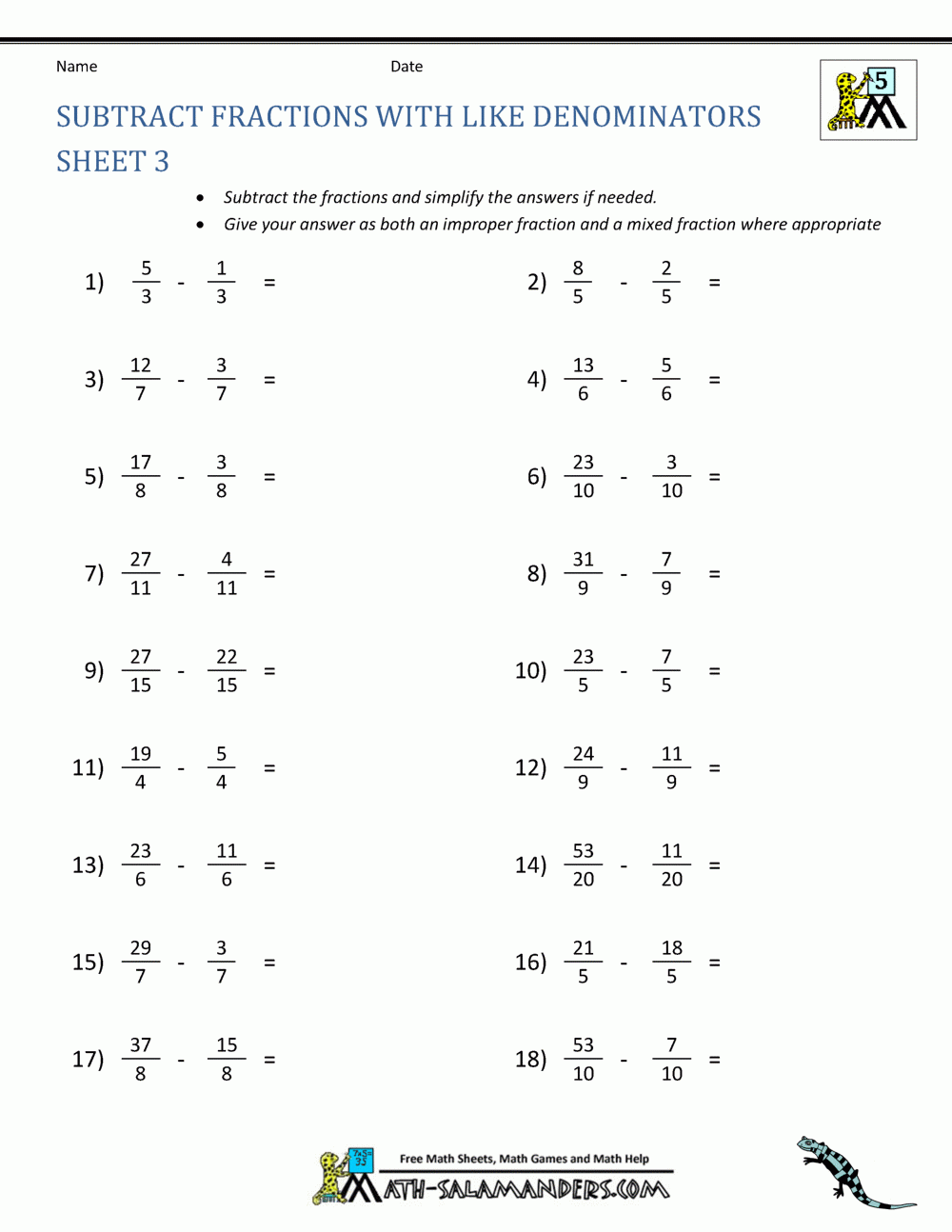 Subtracting Fractions Worksheets