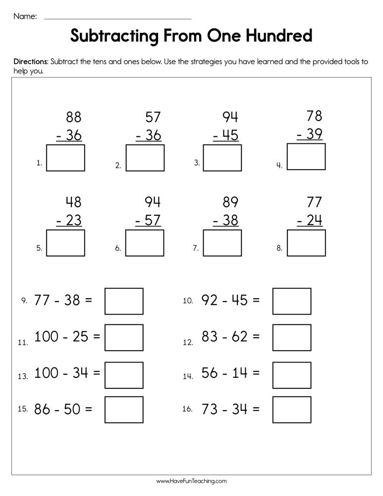 Subtracting From One Hundred Worksheet By Teach Simple