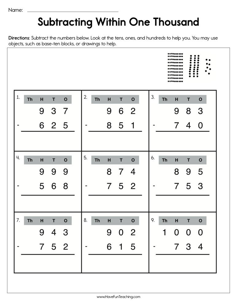 Subtracting From One Thousand Worksheet Have Fun Teaching Have Fun