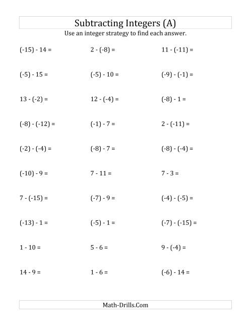 Subtracting Integers From 15 To 15 Negative Numbers In 