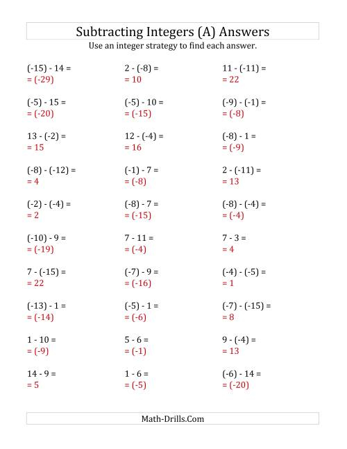 Subtracting Integers From 15 To 15 Negative Numbers In 