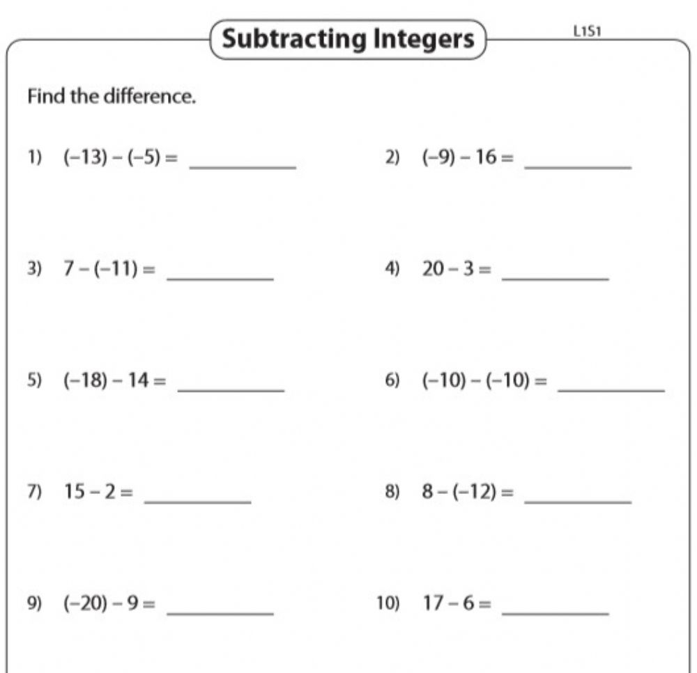 Subtracting Integers Worksheet