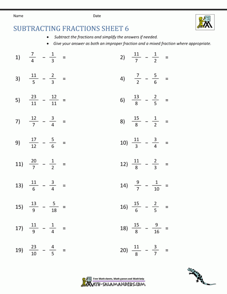 Subtracting Mixed Numbers Worksheet