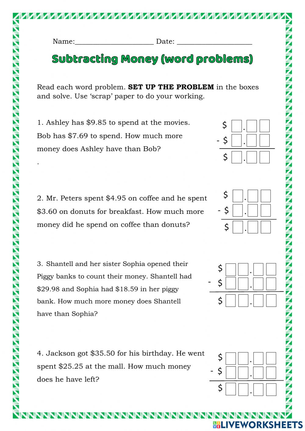 Subtracting Money word Problems Worksheet