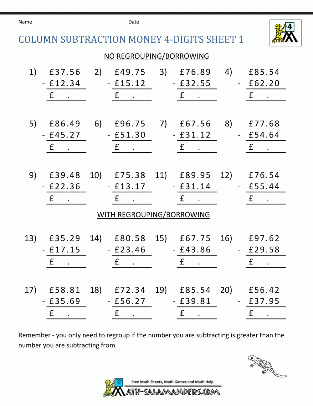 Subtracting Money Worksheets UK Money