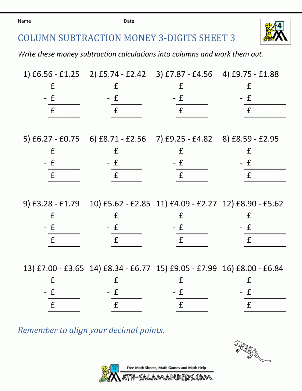 Subtracting Money Worksheets UK Money