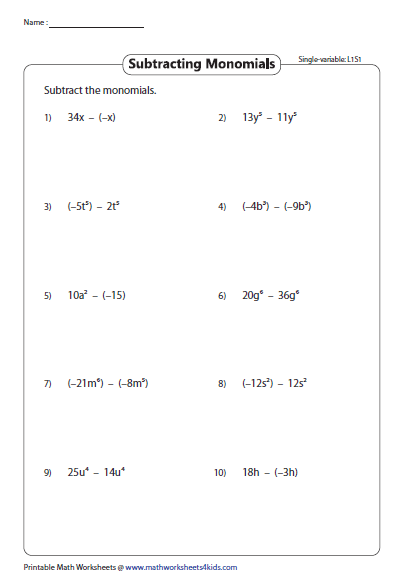 Subtracting Monomials Single Variable Subtraction School Worksheets 