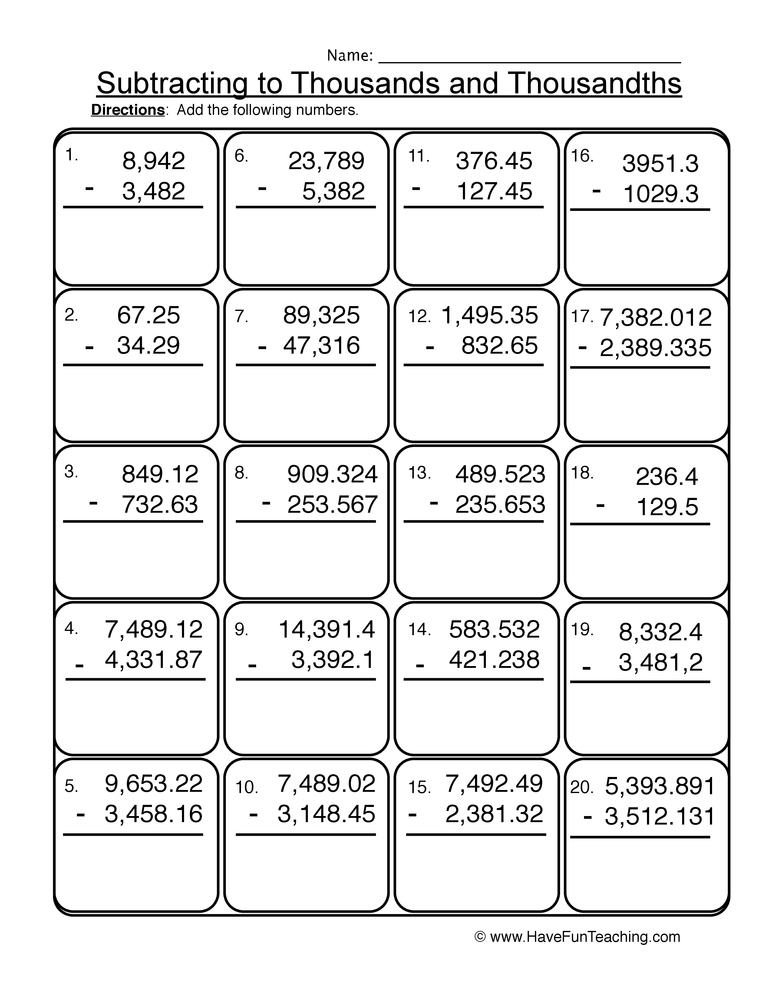 Subtracting Thousands Thousandths Worksheet 2