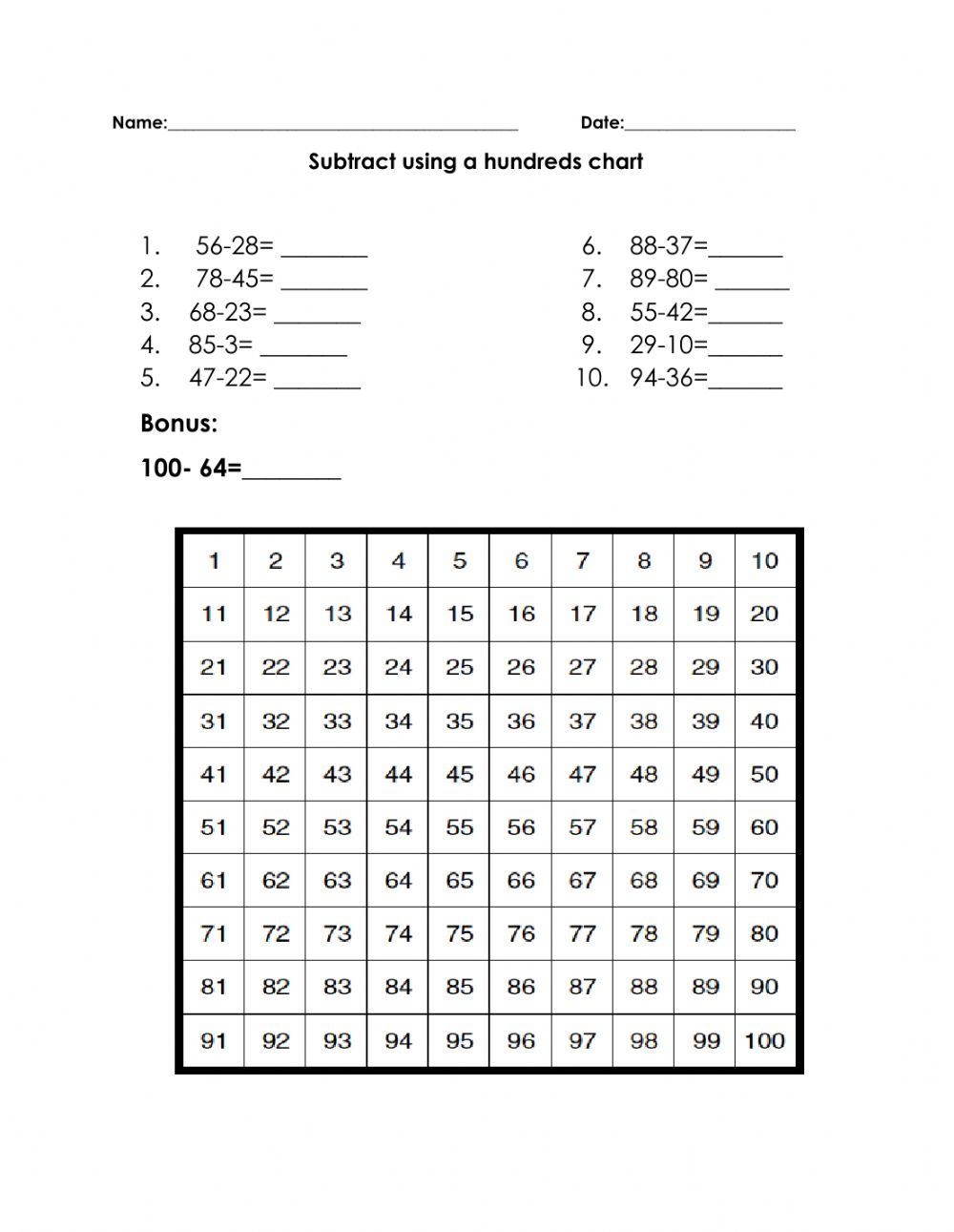 Subtracting With Hundreds Chart Worksheet