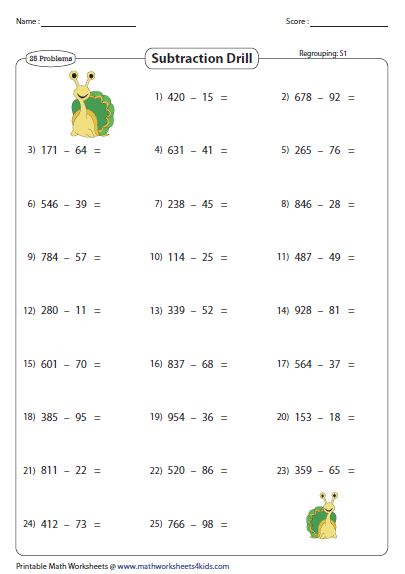 Subtraction Drill Horizontal Subtraction With Regrouping Subtraction 