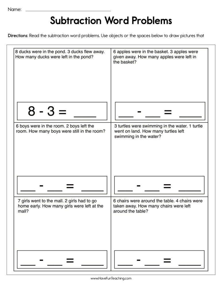 Subtraction Equations Word Problems Worksheet Have Fun Teaching 