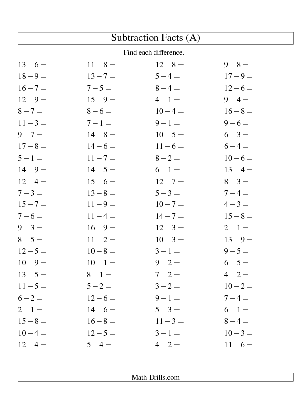 Subtraction Facts To 18 Horizontal A Subtraction Worksheet