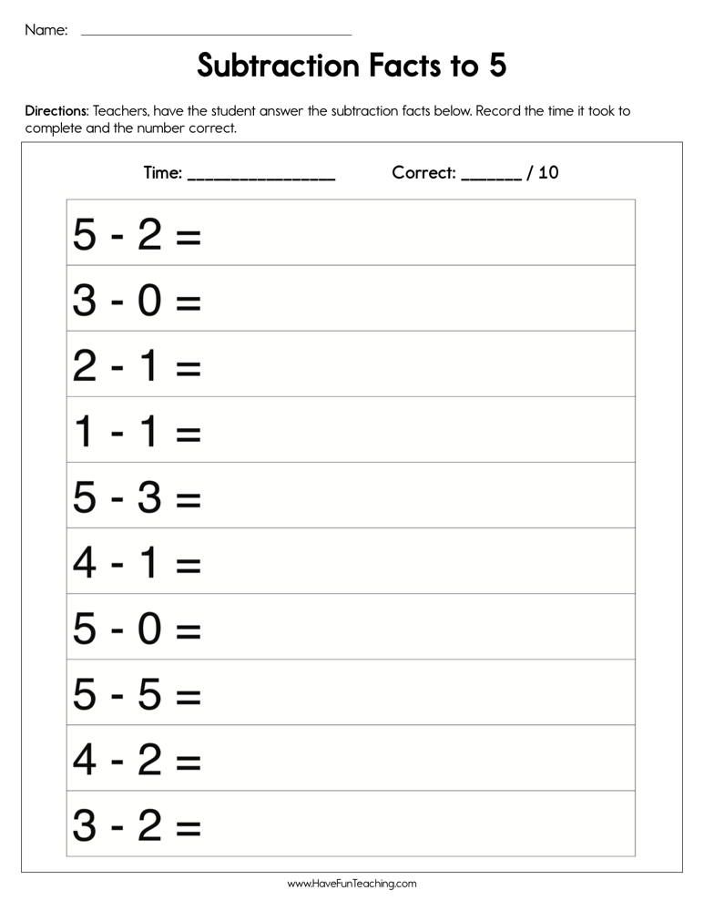 Subtraction Facts To 5 Worksheet In 2020 Subtraction Facts
