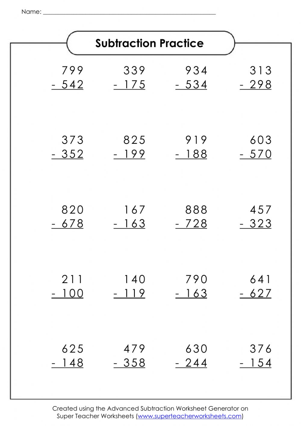 Subtraction Practice Worksheet