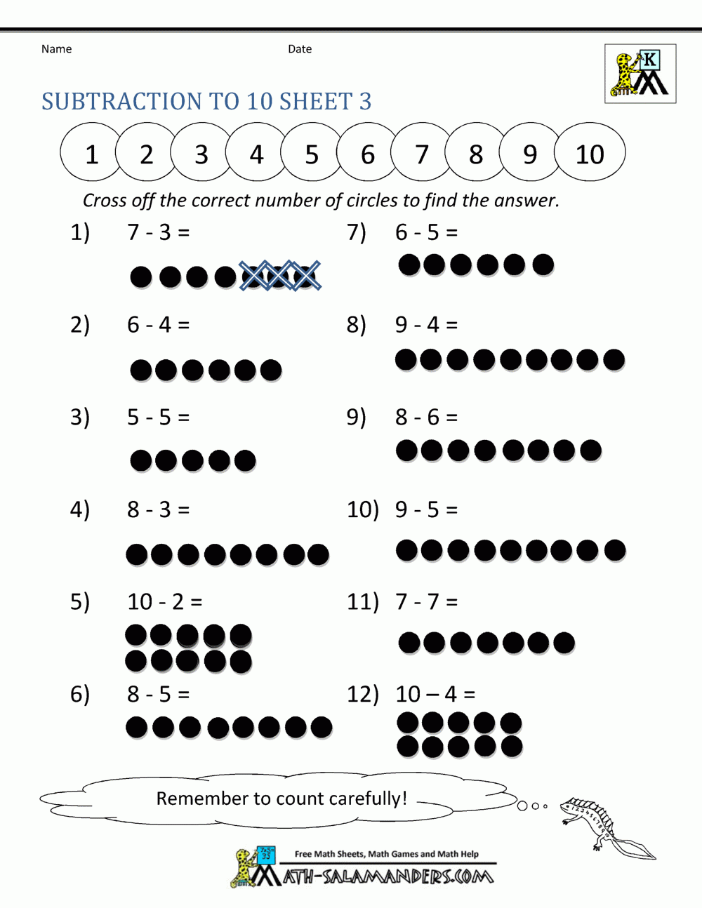 Subtraction To 10 Worksheets