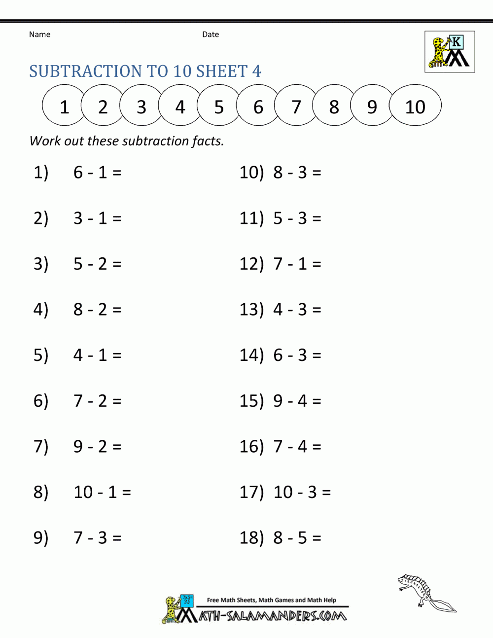 Subtraction To 10 Worksheets