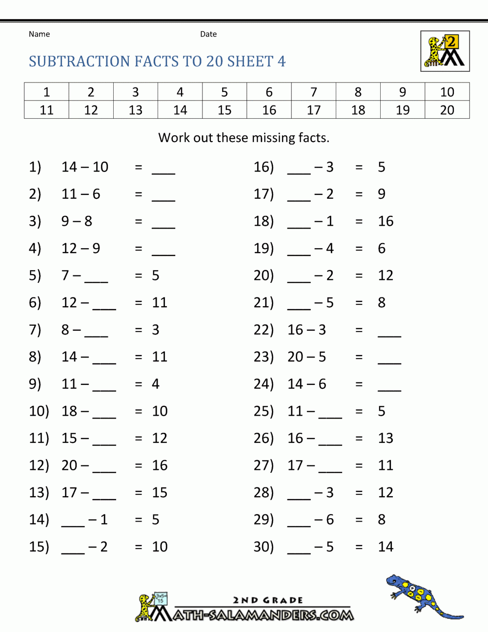 Subtraction To 20