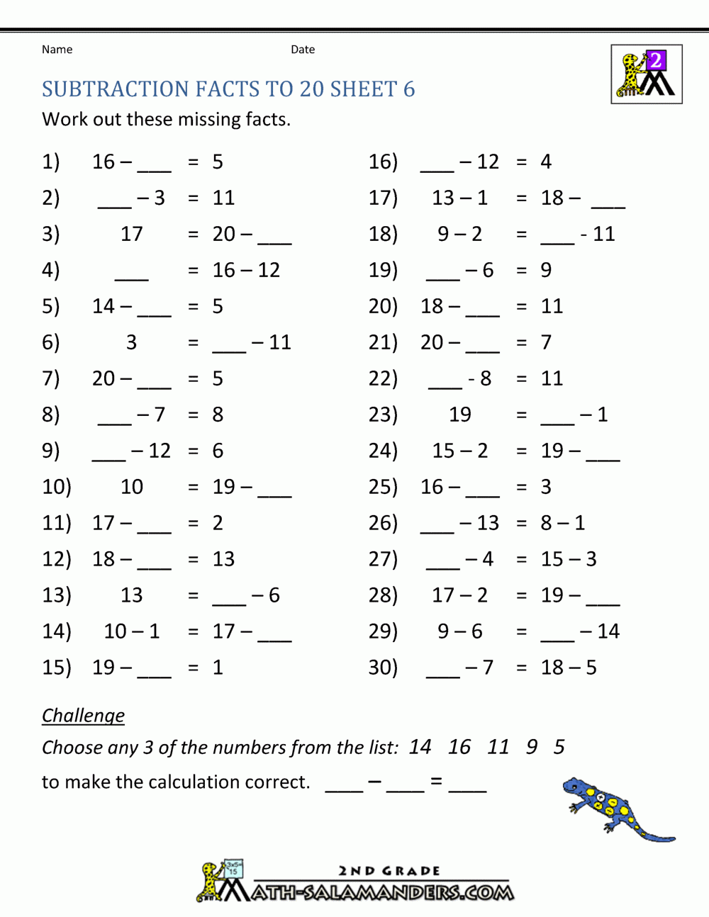 Subtraction To 20