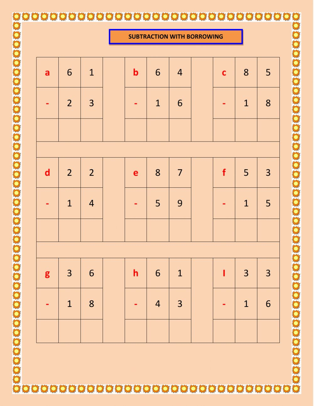 Subtraction With Borrowing Worksheet