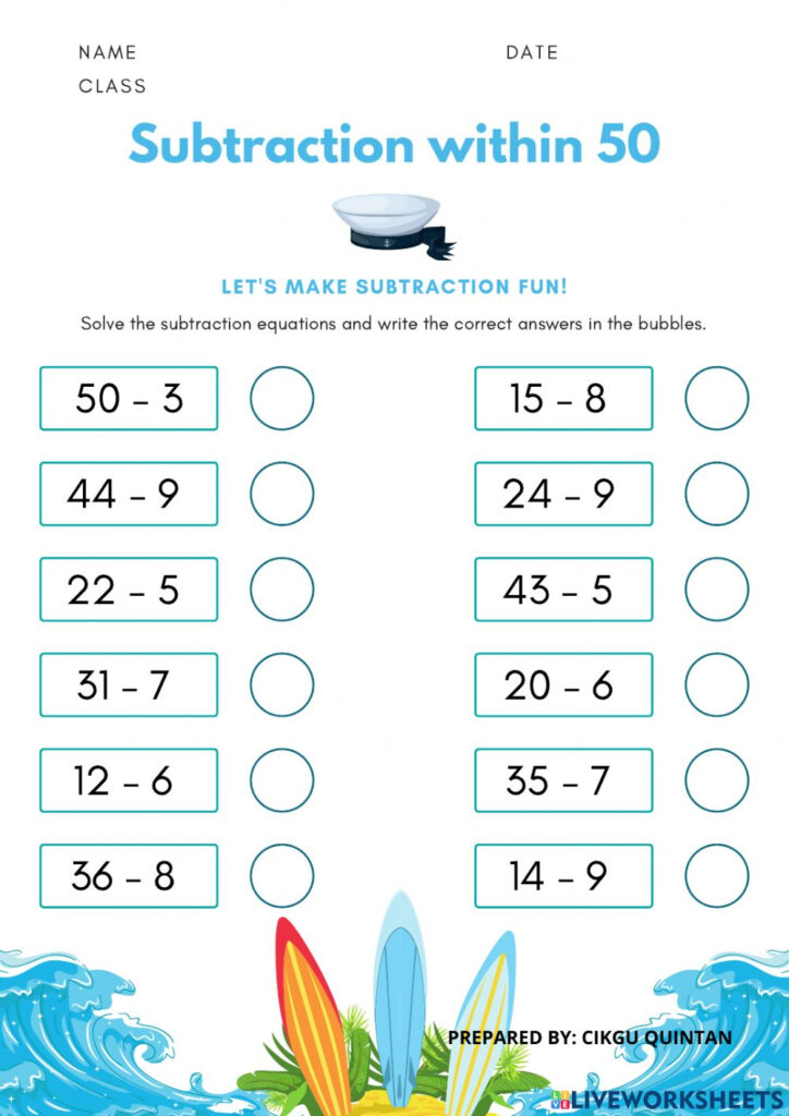 Subtraction Within 50 Worksheet