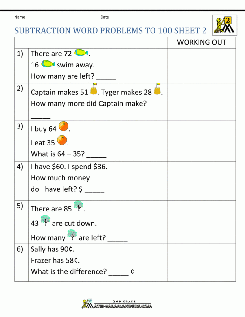 Subtraction Word Problems 2nd Grade