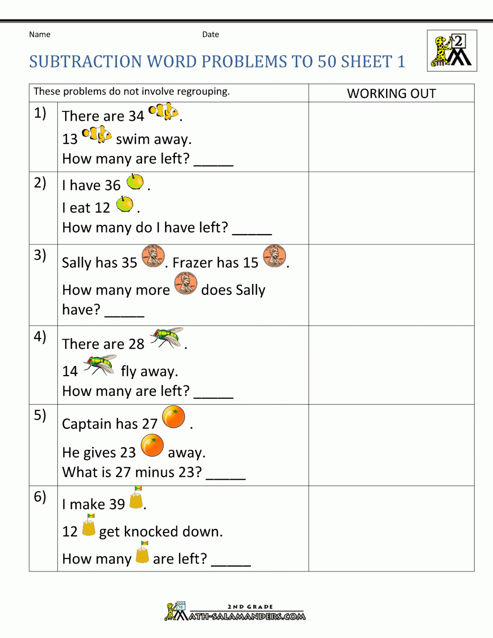 Subtraction Word Problems 2nd Grade