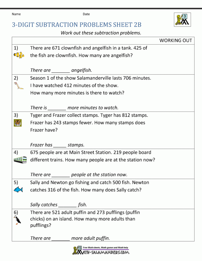 Subtraction Word Problems 3rd Grade