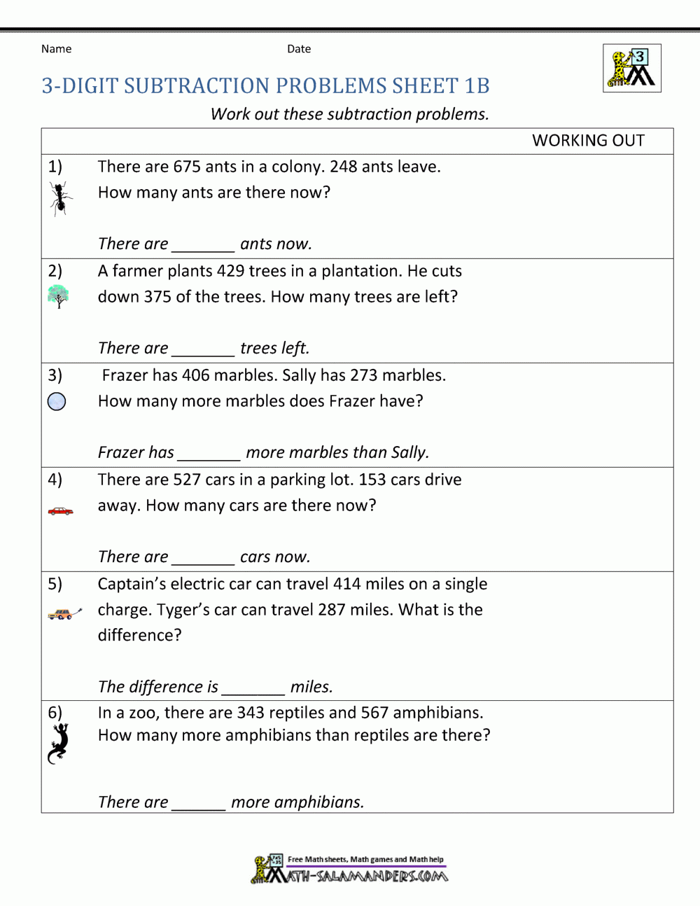 Subtraction Word Problems 3rd Grade