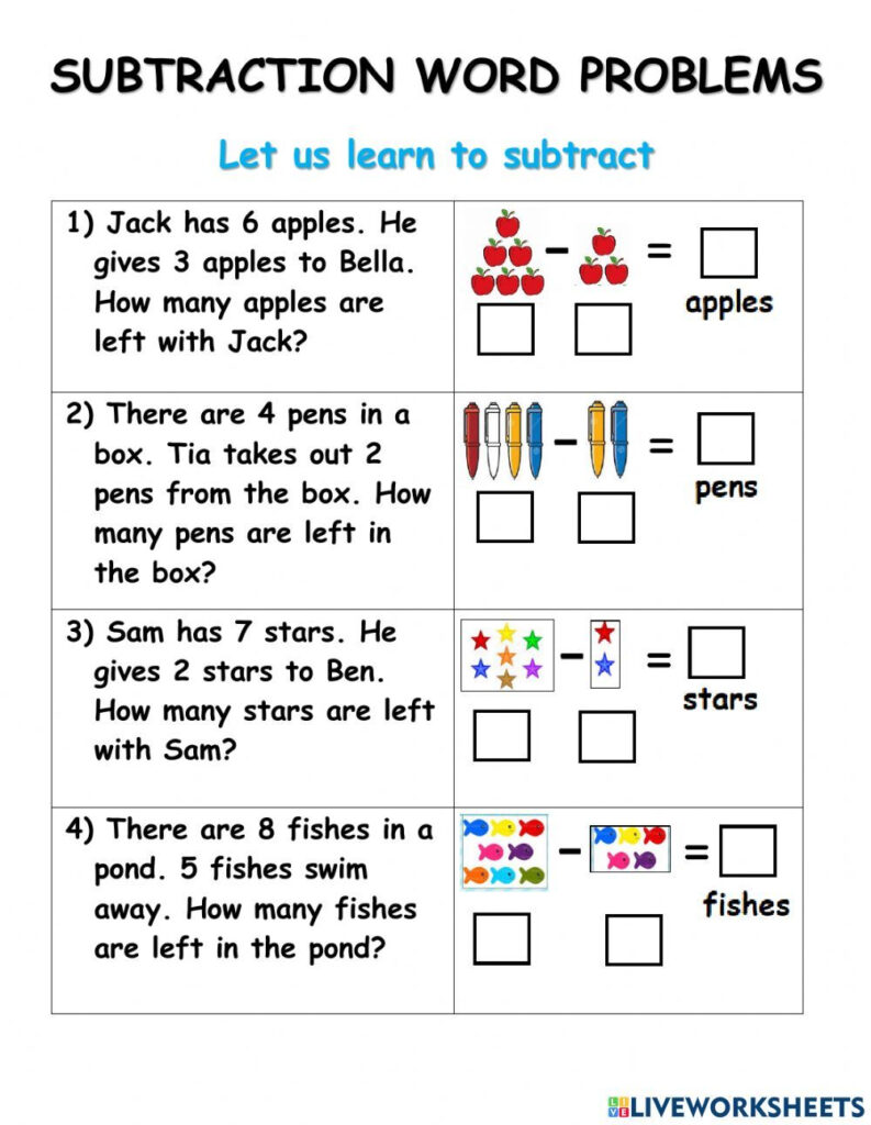 Subtraction Word Problems Online Worksheet Subtraction Word Problems Teaching Word Problems 