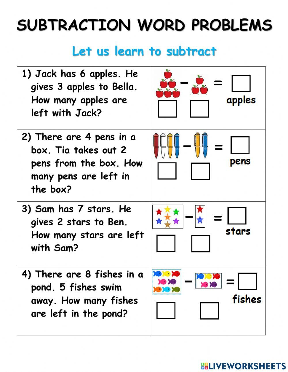 Subtraction Word Problems Online Worksheet Subtraction Word Problems Teaching Word Problems 