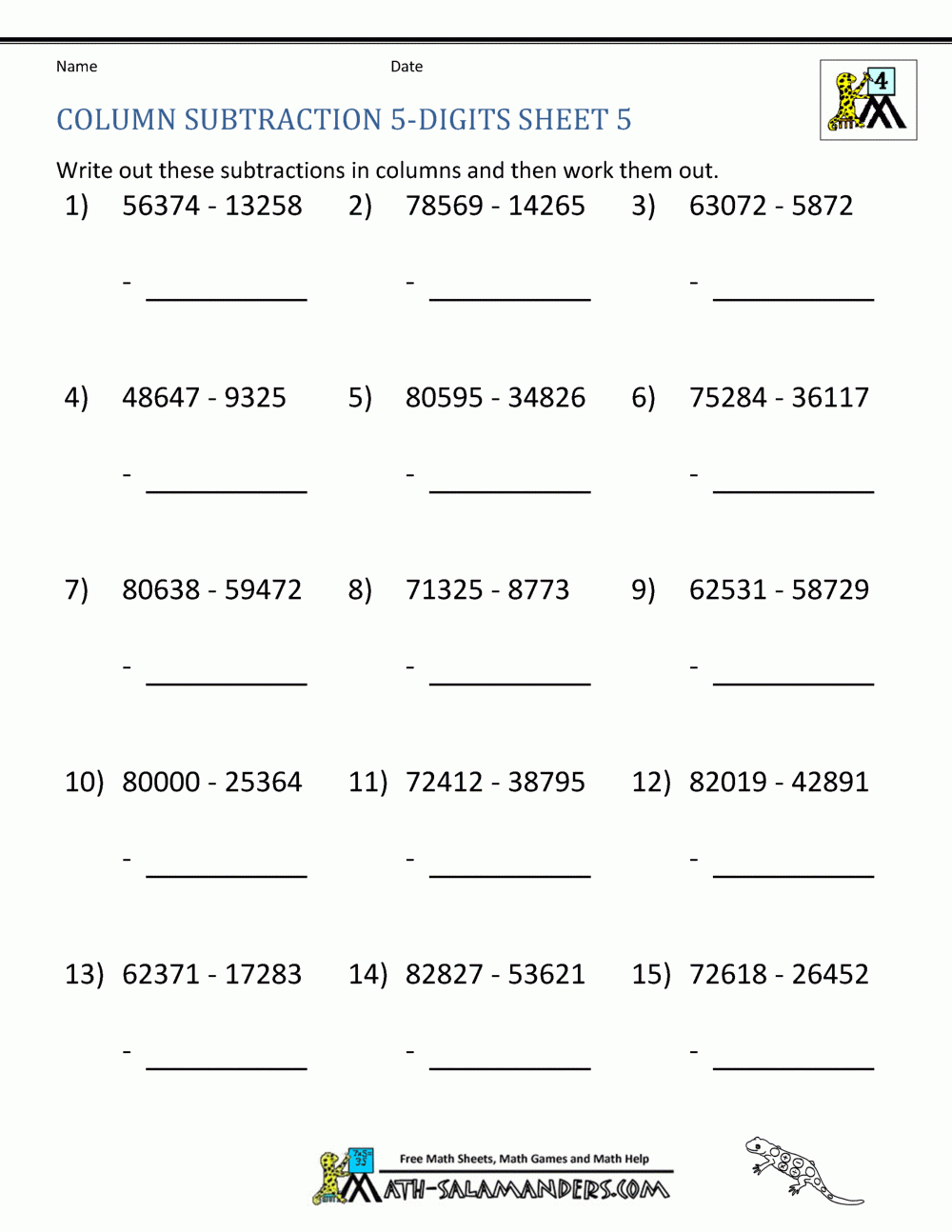 Subtraction Worksheets For Grade 5