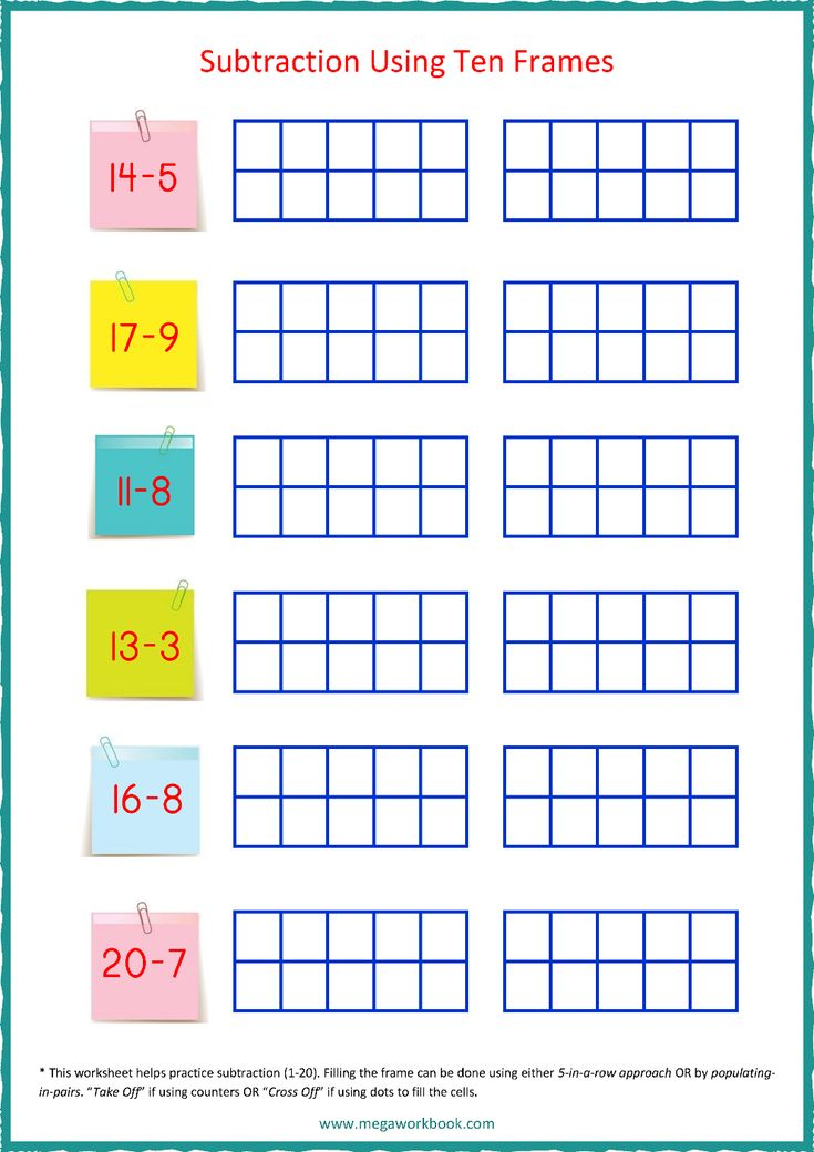 Ten Frame Worksheet Subtraction 1 To 20 Using Ten Frames 