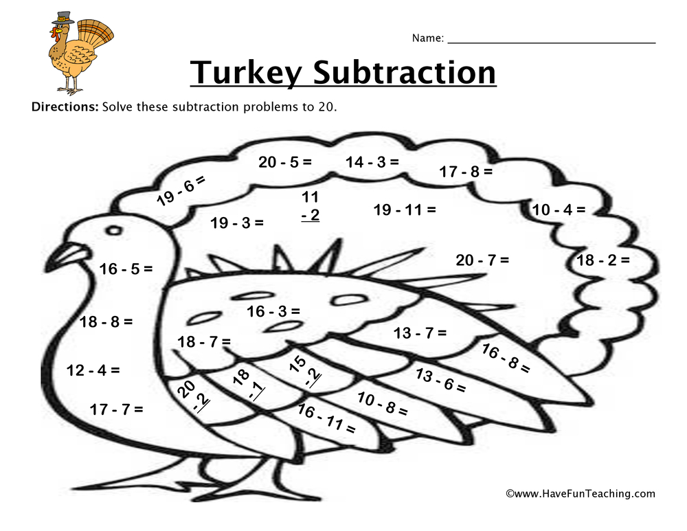 Thanksgiving Turkey Subtraction Worksheet Have Fun Teaching