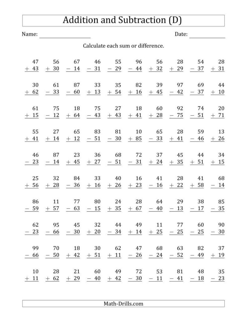 The 100 Two Digit Addition And Subtraction Questions With Sums Minuends 