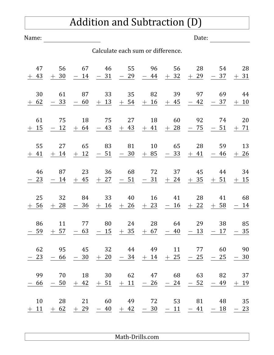 The 100 Two Digit Addition And Subtraction Questions With Sums Minuends 