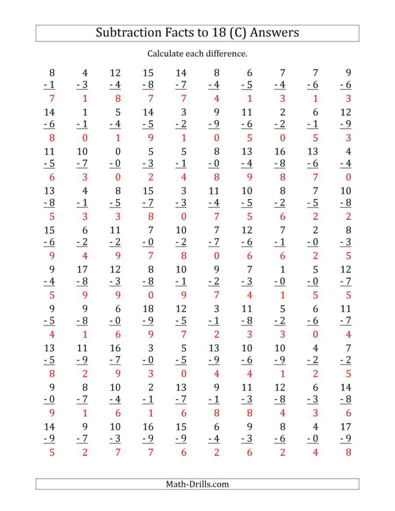 The 100 Vertical Subtraction Facts With Minuends From 0 To 18 C Math 