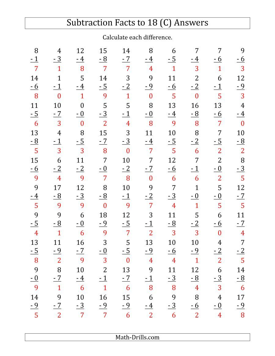 The 100 Vertical Subtraction Facts With Minuends From 0 To 18 C Math 