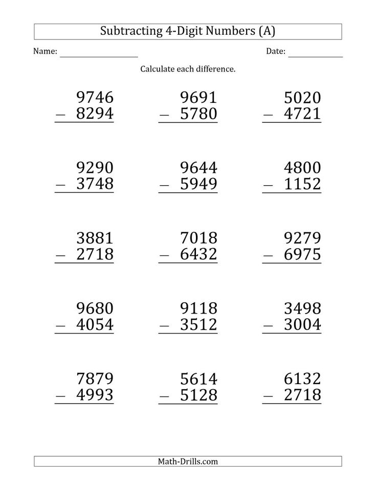 The Large Print 4 Digit Minus 4 Digit Subtraction A Math Worksheet