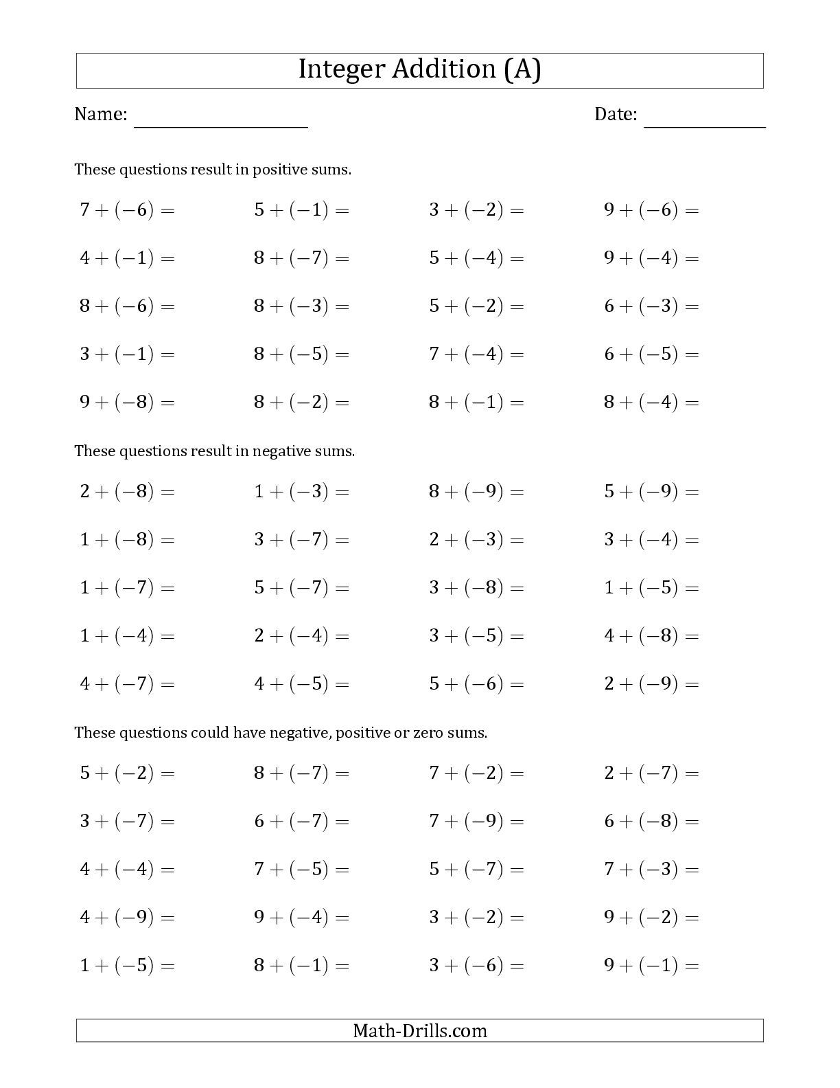 The Positive Plus A Negative Integer Addition Scaffolded Range 1 To 9 